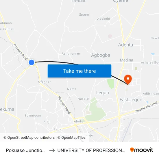 Pokuase Junction Main Road to UNIVERSITY OF PROFESSIONAL STUDIES (UPSA) map