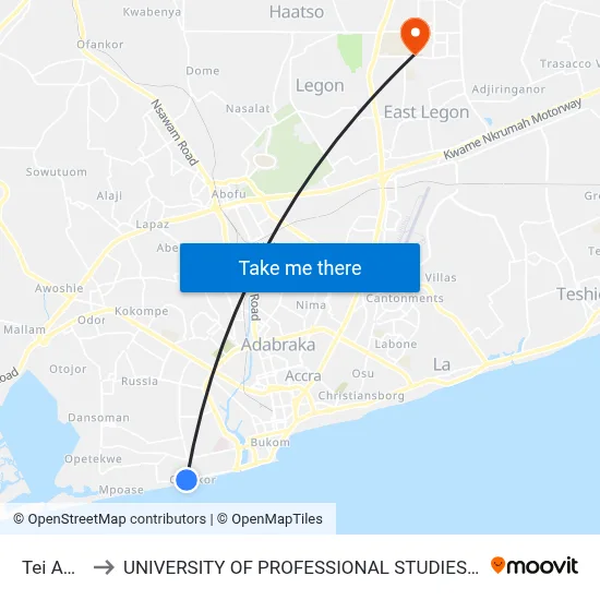 Tei Abaa to UNIVERSITY OF PROFESSIONAL STUDIES (UPSA) map