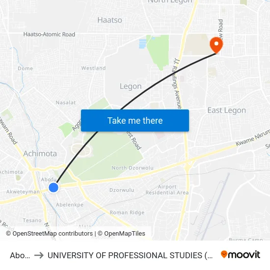 Abofu to UNIVERSITY OF PROFESSIONAL STUDIES (UPSA) map