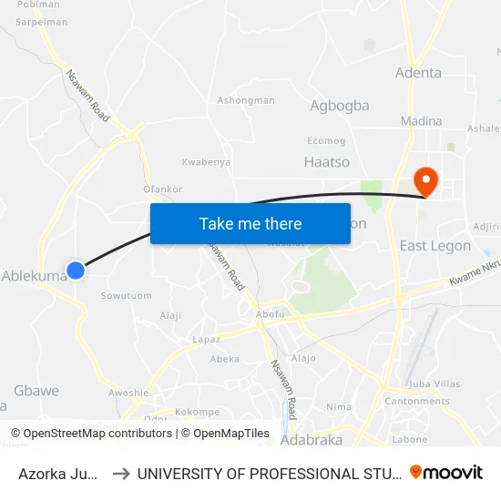 Azorka Junction to UNIVERSITY OF PROFESSIONAL STUDIES (UPSA) map