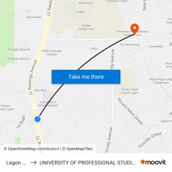 Legon First to UNIVERSITY OF PROFESSIONAL STUDIES (UPSA) map