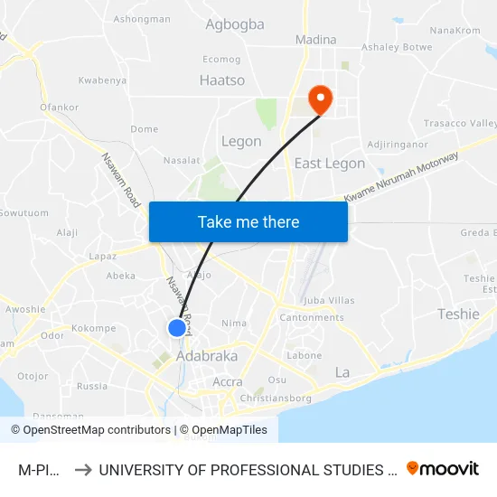 M-Plaza to UNIVERSITY OF PROFESSIONAL STUDIES (UPSA) map