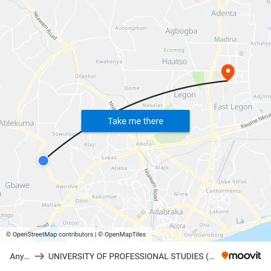 Anyaa to UNIVERSITY OF PROFESSIONAL STUDIES (UPSA) map