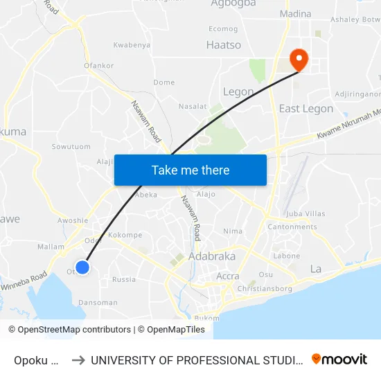 Opoku Ware to UNIVERSITY OF PROFESSIONAL STUDIES (UPSA) map