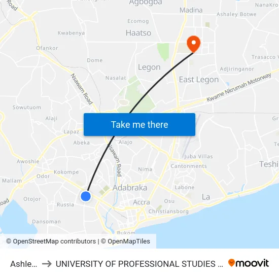 Ashley's to UNIVERSITY OF PROFESSIONAL STUDIES (UPSA) map