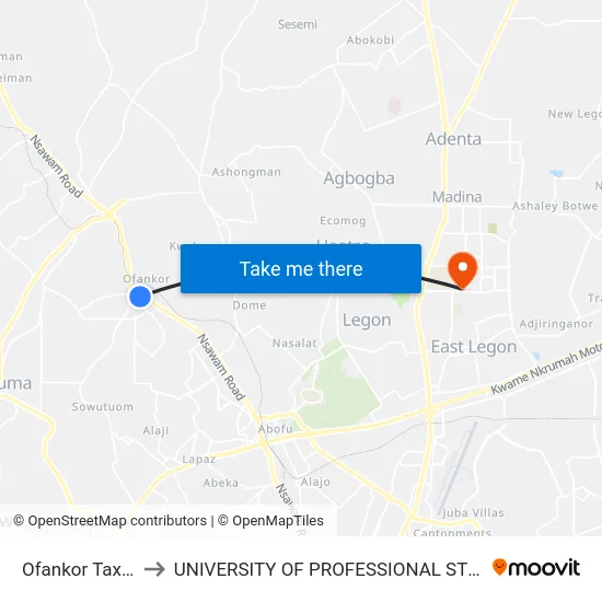 Ofankor Taxi Rank to UNIVERSITY OF PROFESSIONAL STUDIES (UPSA) map