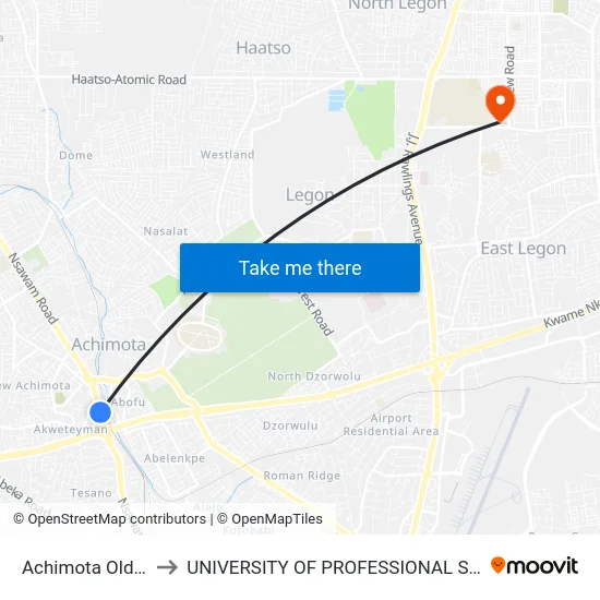 Achimota Old Station to UNIVERSITY OF PROFESSIONAL STUDIES (UPSA) map