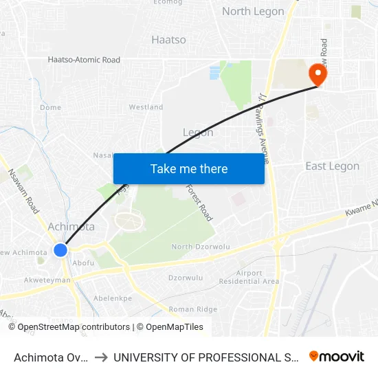Achimota Overhead to UNIVERSITY OF PROFESSIONAL STUDIES (UPSA) map