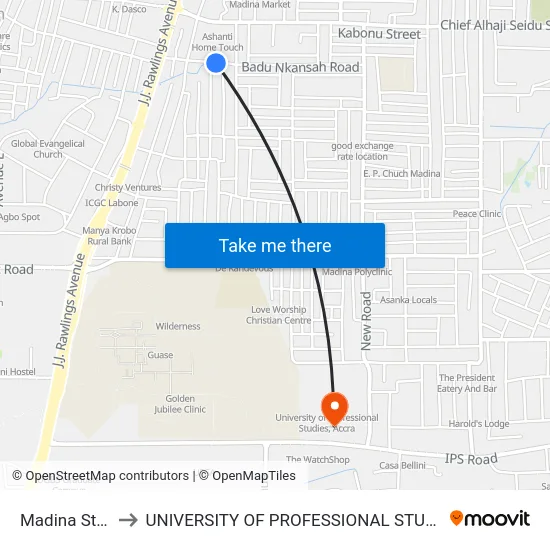 Madina Station to UNIVERSITY OF PROFESSIONAL STUDIES (UPSA) map