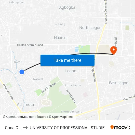 Coca Cola to UNIVERSITY OF PROFESSIONAL STUDIES (UPSA) map