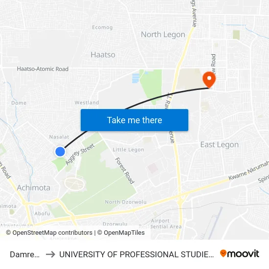 Damresco to UNIVERSITY OF PROFESSIONAL STUDIES (UPSA) map