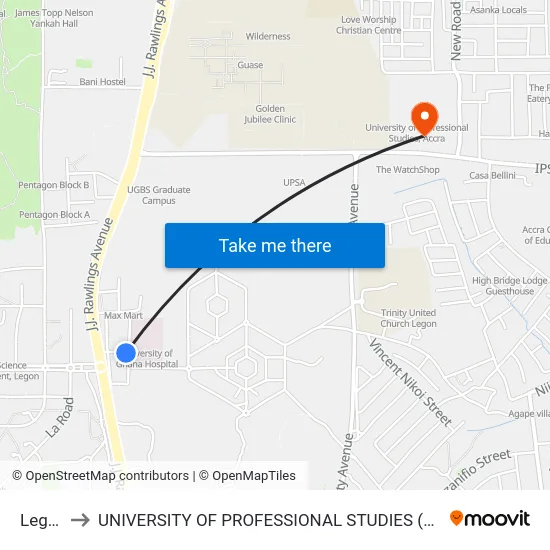 Legon to UNIVERSITY OF PROFESSIONAL STUDIES (UPSA) map