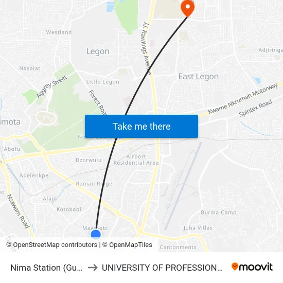 Nima Station (Gutter Station) to UNIVERSITY OF PROFESSIONAL STUDIES (UPSA) map