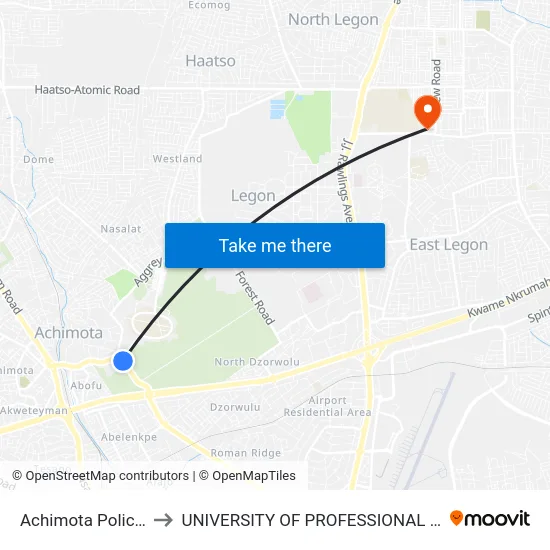 Achimota Police Station to UNIVERSITY OF PROFESSIONAL STUDIES (UPSA) map