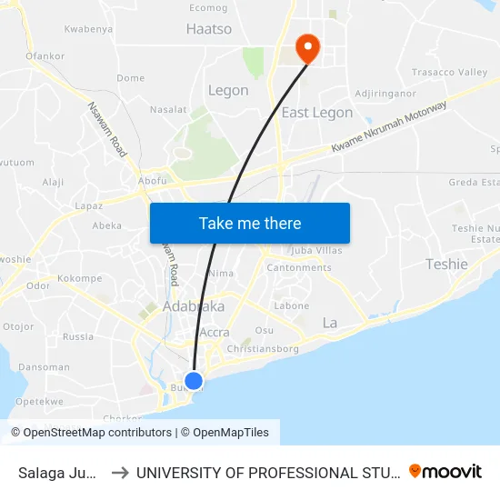 Salaga Junction to UNIVERSITY OF PROFESSIONAL STUDIES (UPSA) map