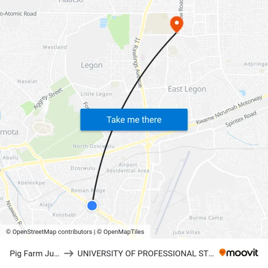 Pig Farm Junction to UNIVERSITY OF PROFESSIONAL STUDIES (UPSA) map