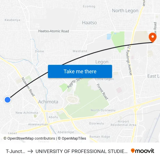 T-Junction to UNIVERSITY OF PROFESSIONAL STUDIES (UPSA) map
