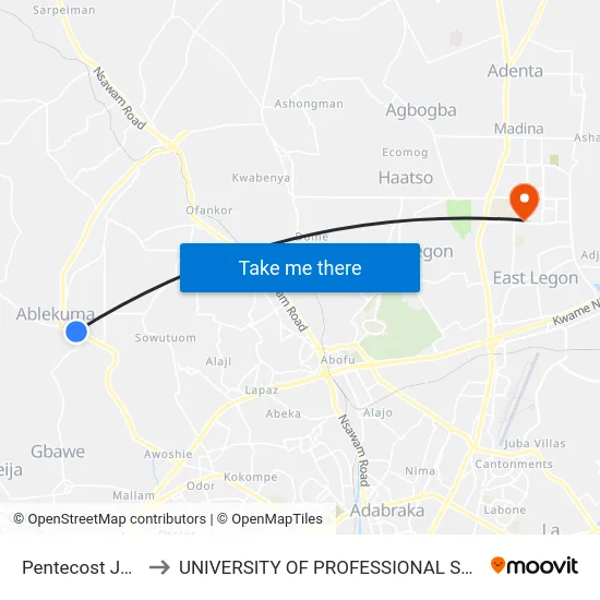 Pentecost Junction to UNIVERSITY OF PROFESSIONAL STUDIES (UPSA) map