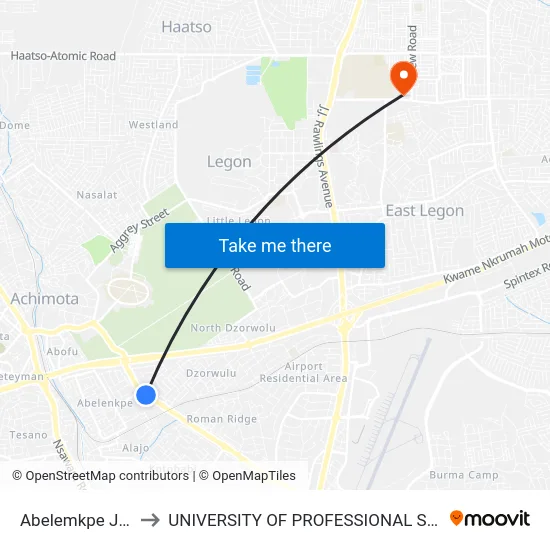 Abelemkpe Junction to UNIVERSITY OF PROFESSIONAL STUDIES (UPSA) map