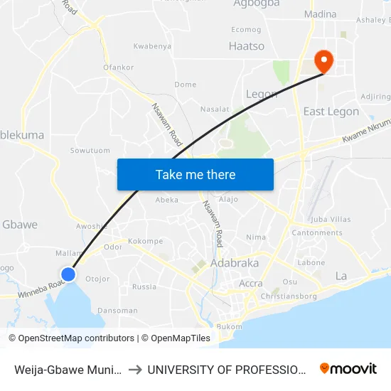 Weija-Gbawe Municipal Hospital to UNIVERSITY OF PROFESSIONAL STUDIES (UPSA) map