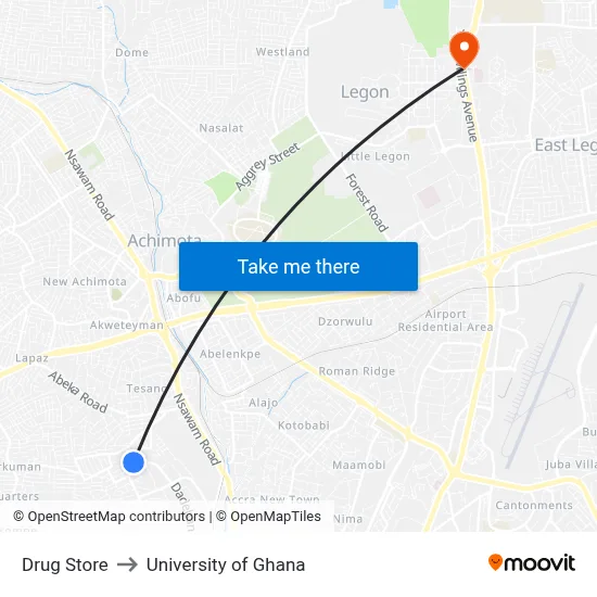 Drug Store to University of Ghana map