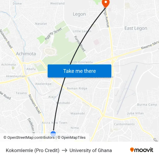Kokomlemle (Pro Credit) to University of Ghana map