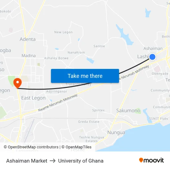 Ashaiman Market to University of Ghana map