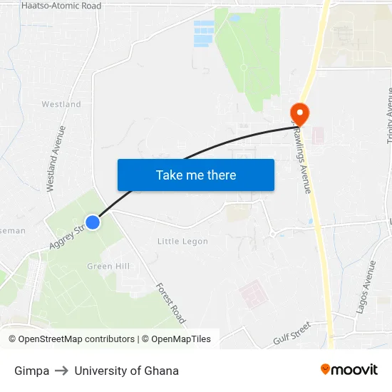 Gimpa to University of Ghana map