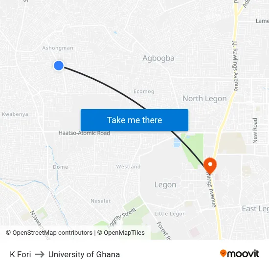 K Fori to University of Ghana map