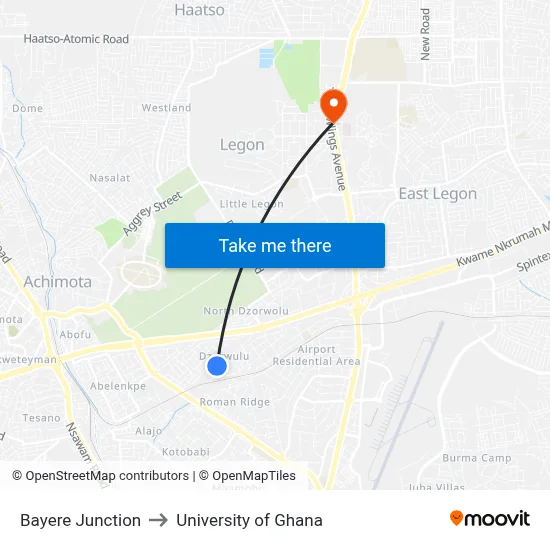 Bayere Junction to University of Ghana map