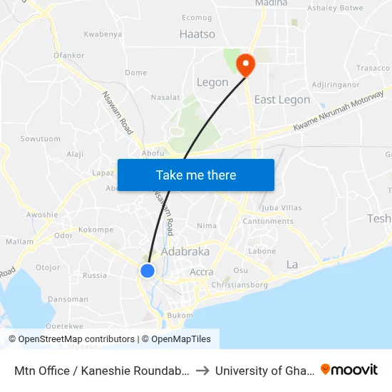 Mtn Office / Kaneshie Roundabout to University of Ghana map