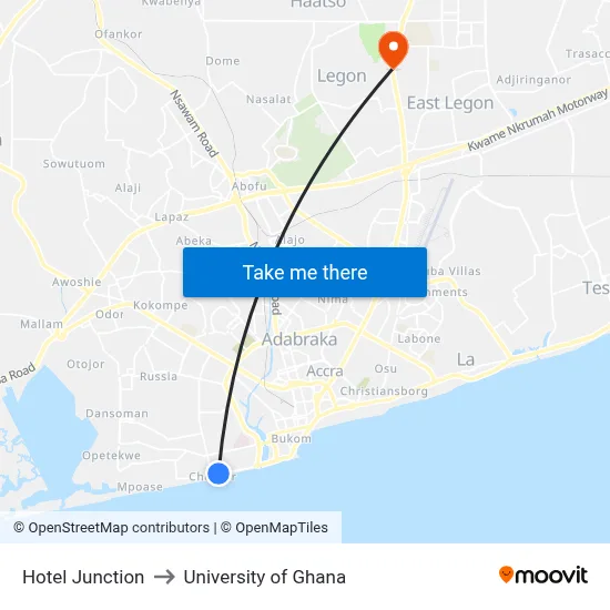 Hotel Junction to University of Ghana map
