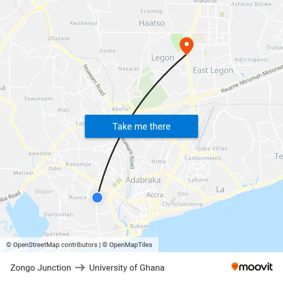 Zongo Junction to University of Ghana map