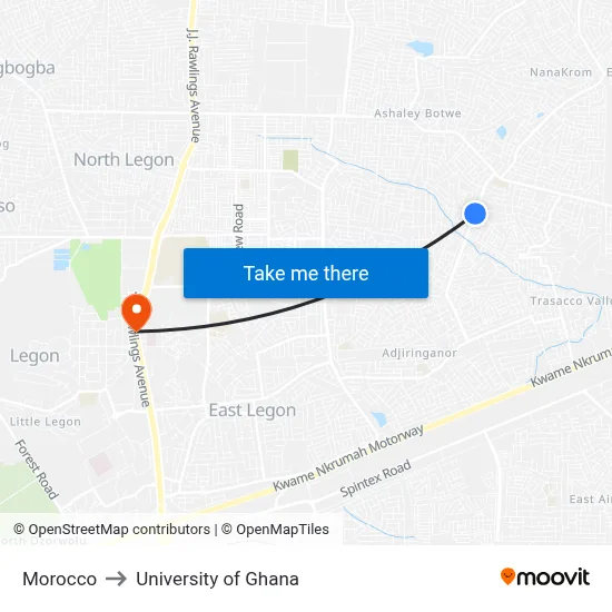 Morocco to University of Ghana map