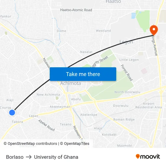Borlaso to University of Ghana map