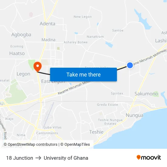 18 Junction to University of Ghana map