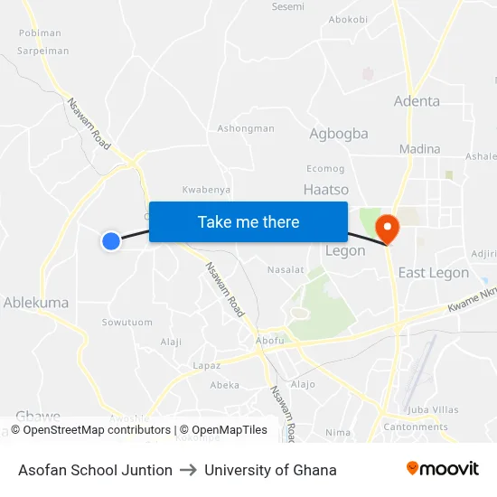 Asofan School Juntion to University of Ghana map