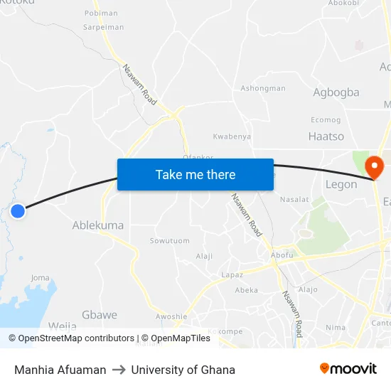 Manhia Afuaman to University of Ghana map