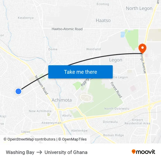 Washing Bay to University of Ghana map