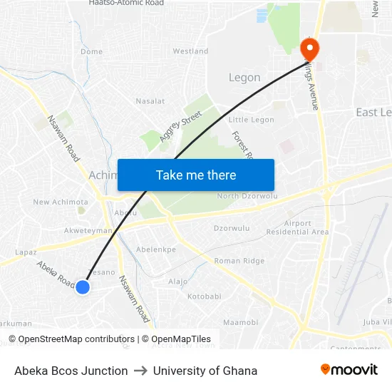 Abeka Bcos Junction to University of Ghana map