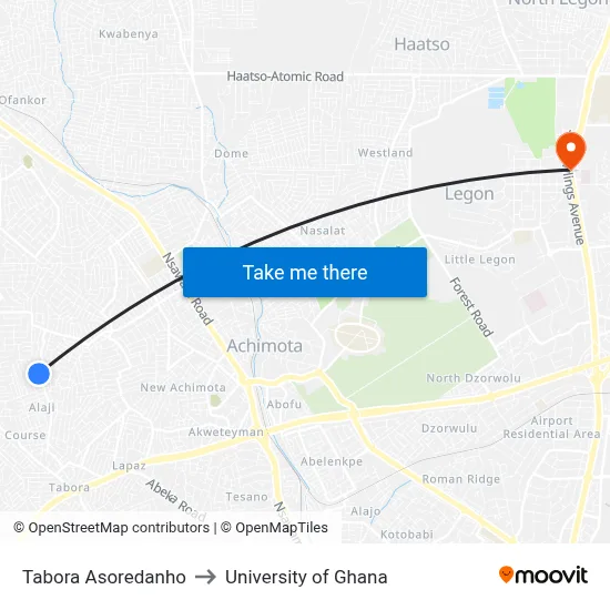 Tabora Asoredanho to University of Ghana map