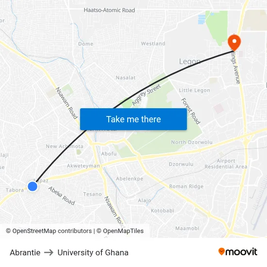 Abrantie to University of Ghana map