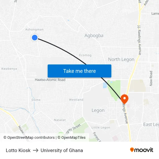 Lotto Kiosk to University of Ghana map