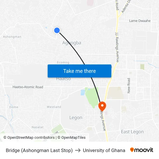 Bridge (Ashongman Last Stop) to University of Ghana map