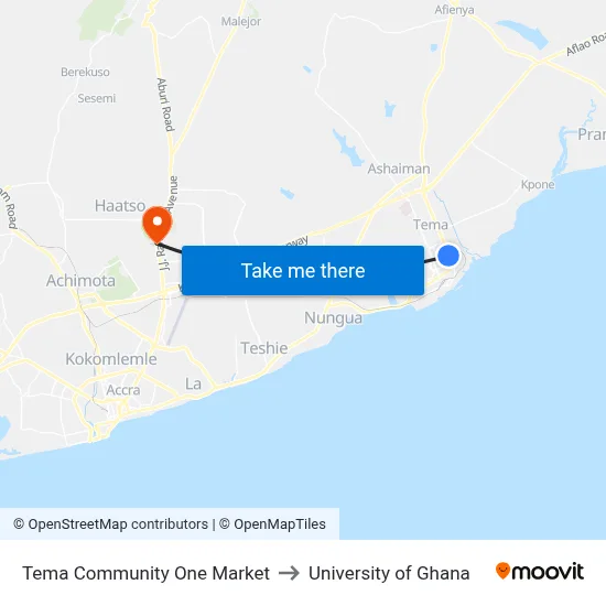 Tema Community One Market to University of Ghana map