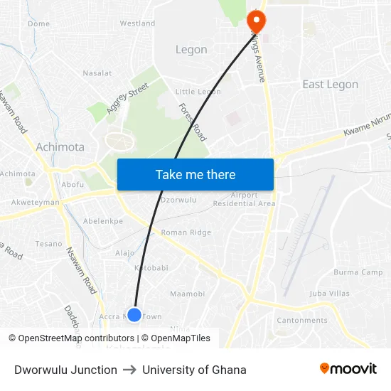 Dworwulu Junction to University of Ghana map