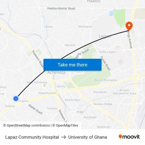 Lapaz Community Hospital to University of Ghana map