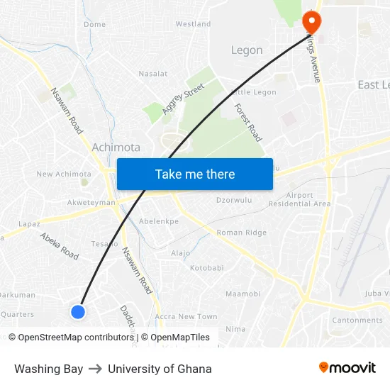 Washing Bay to University of Ghana map