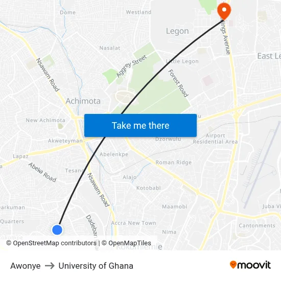 Awonye to University of Ghana map