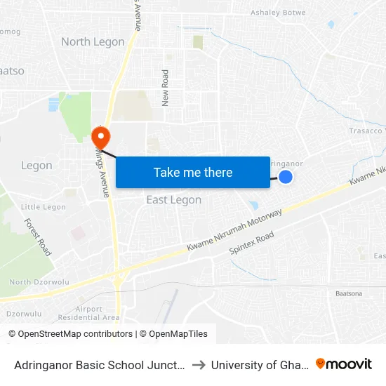 Adringanor Basic School Junction to University of Ghana map
